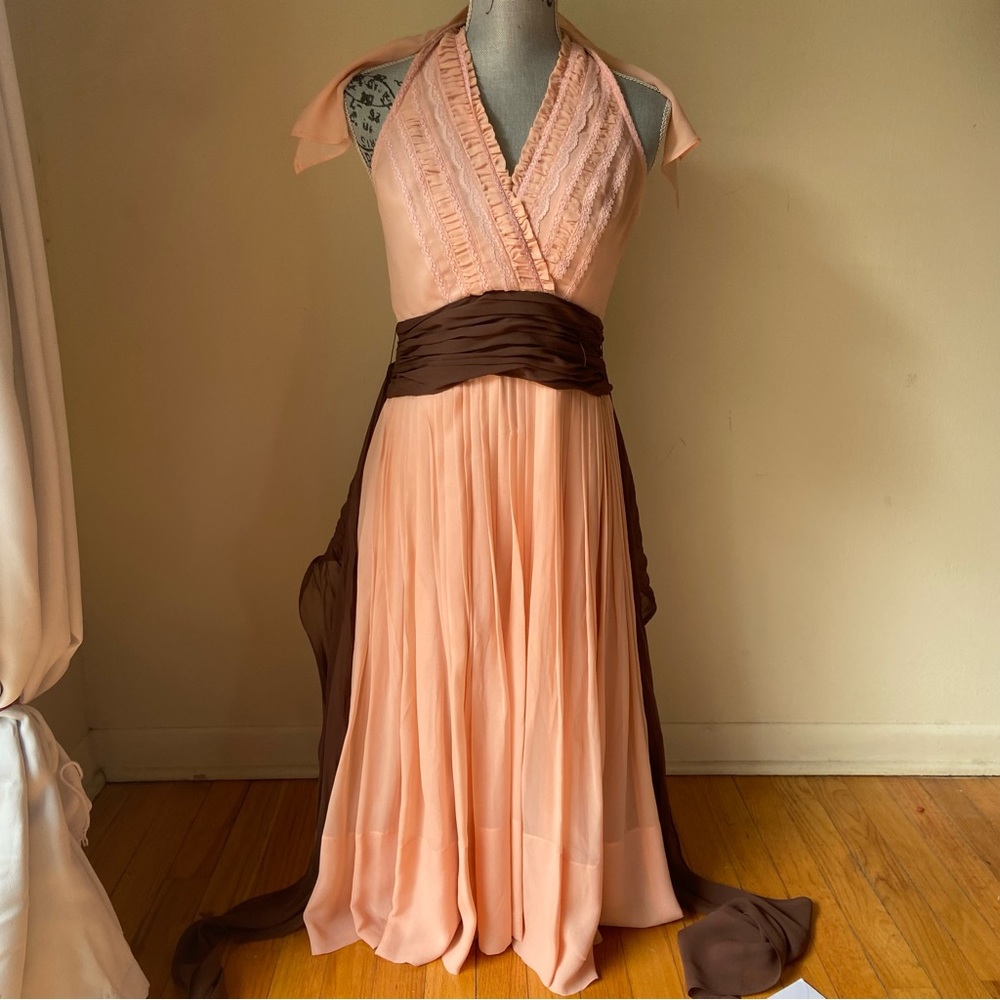 BCBG baby blush pink and brown silk lacey halter flowy girly pleated midi dress